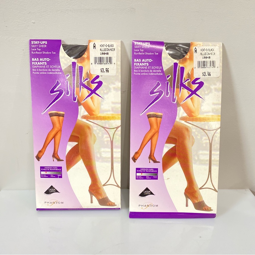 Lot of 2 Vintage Silks Lycra Stay Ups Stockings Lace Top Hint O Black Size A NOS